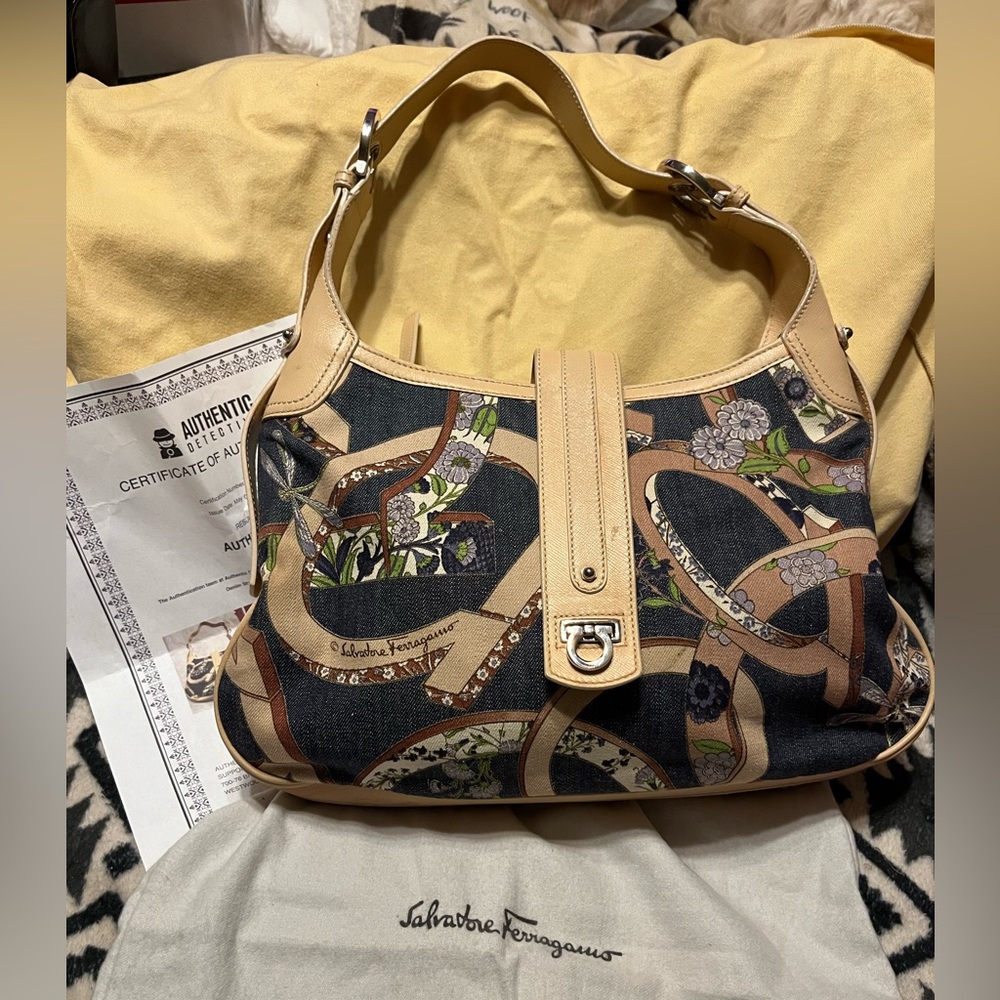 Salvatore Ferragamo Vintage EUC Denim Floral Gancini Leather Shoulder Bag